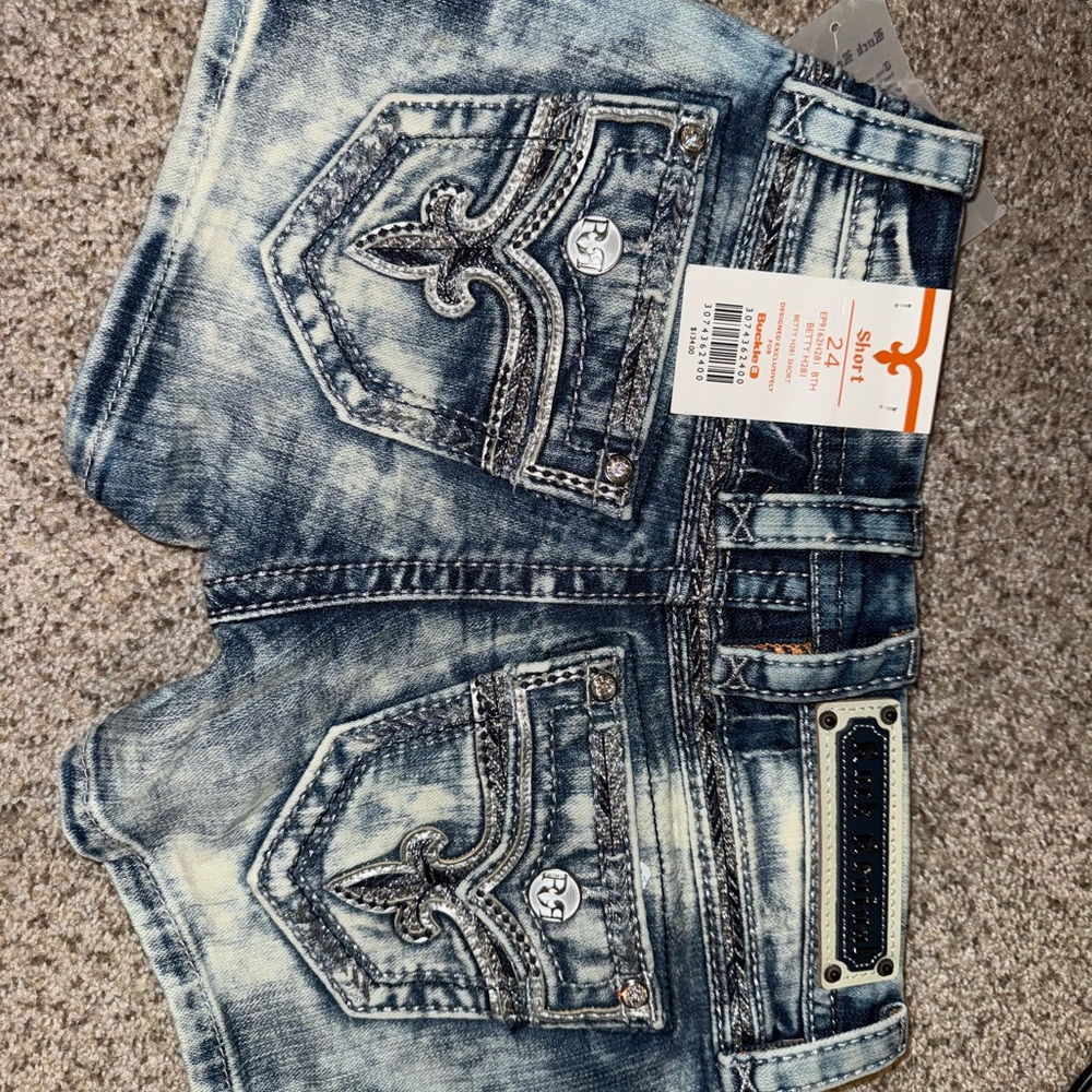 Blue Denim Shorts with Embellished Pockets